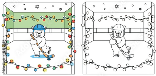 Cute cartoon polar bear playing ice hockey with Christmas lights, colored vector illustration and black and white outline version for coloring book page or winter sport activity