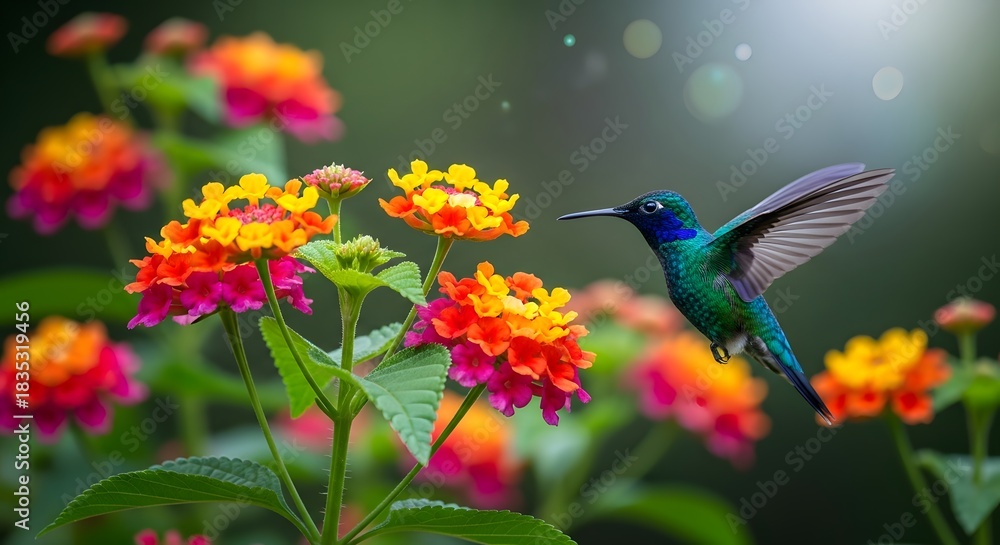 Fototapeta premium Sparkling violetear hummingbird feeding on colorful lantana flowers