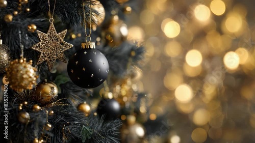 Close Up of Christmas Tree with Black Ornaments and Gold Star Decorations on Evergreen Branches with Bokeh Lights Background in Holiday Season