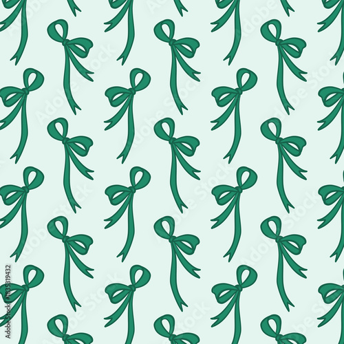 Luxurious seamless bow pattern in emerald palette. Minimal outline design suitable for premium branding, elegant packaging, holiday decor and sophisticated prints.
