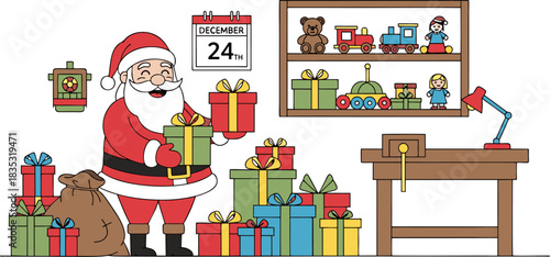 Festive Santa Claus Gifting in a Toy Workshop A Merry Holiday Scene