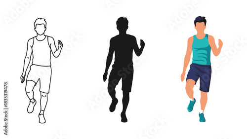 Set of three illustrations showing a man performing a high knee running exercise variation