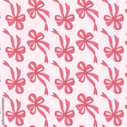 Cute seamless bow pattern in strawberry milk palette. Soft retro-inspired outline perfect for Valentine themes, stationery, packaging and sweet romantic prints.