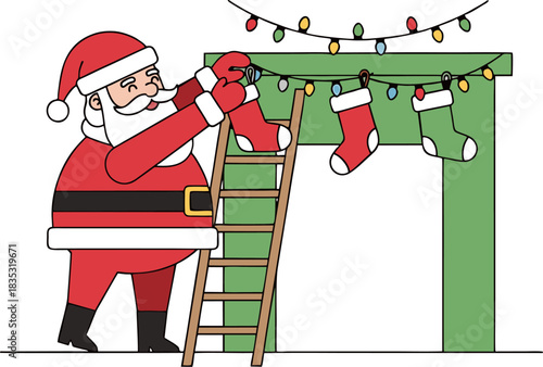 Festive holiday scene showing Santa Claus on a ladder, carefully hanging colorful Christmas stockings and lights on a fireplace mantel