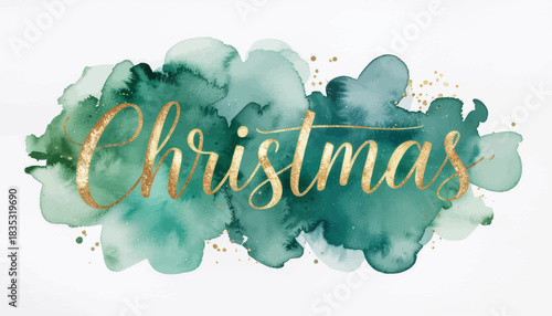 Golden 'Christmas' text on a watercolor splash background in shades of green and teal with gold speckles, creating an elegant and festive design.