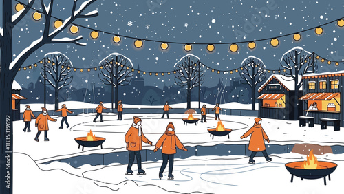 People ice skating on an outdoor rink with fire pits during a snowy winter night