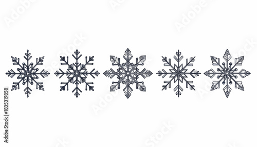 Five intricate grey snowflake designs on a white background, perfect for winter holiday decorations or graphic resources.