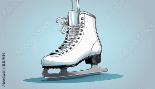 A single white ice skate with laces and a blade hanging against a light blue background, ready for winter sports.