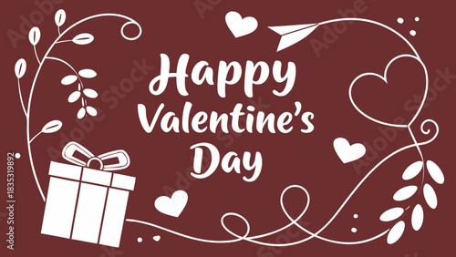 Happy valentine's day themed image with a gift, hearts, paper plane and floral decorations