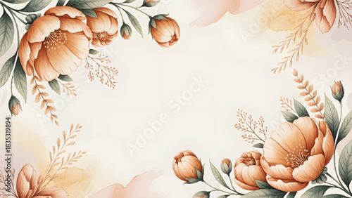 Soft apricot watercolor floral frame background, Elegant peach flower and delicate foliage border template, Classic warm botanical wedding invitation design, Hand-painted corner illustration with larg