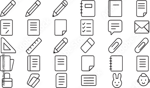 Collection of minimalist outline icons featuring stationery office supplies and communication tools perfect for web design and user interface elements for creative projects