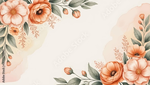 Elegant watercolor floral frame background for invitations, Vintage botanical rose and peony corner border template, Aesthetic hand-painted flower design with soft color palette