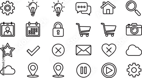 Collection of essential line icons representing various functions and symbols perfect for web design app development and user interface enhancement and creative projects