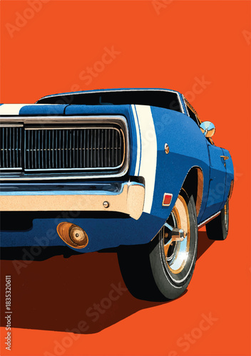 American muscle car front end orange blue white stripes