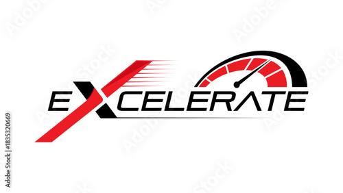 A sleek Excelerate logo with bold racing lines and a speedometer, symbolizing speed and high-performance branding.
