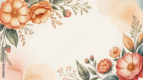 Elegant watercolor floral frame background for wedding invitations, Vintage botanical flower corner border template design, Aesthetic hand-painted peach and orange bloom illustration