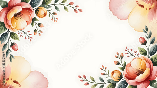 Elegant watercolor floral frame background for wedding invitations, Vintage botanical flower corner border template design, Aesthetic hand-painted peach and orange bloom illustration