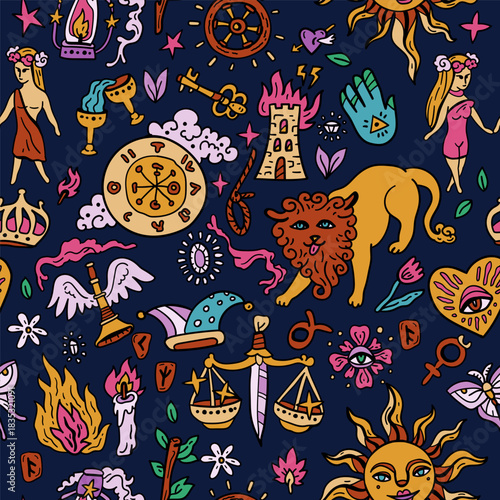 Tarot card seamless pattern. Bright background with tarot symbols. Fortune telling, magic. For Saints Day and Halloween. Sun, Moon. Sword, Heart, and Arrows. Magician