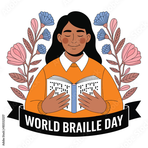 Illustration celebrating World Braille Day with hands holding an open Braille book.