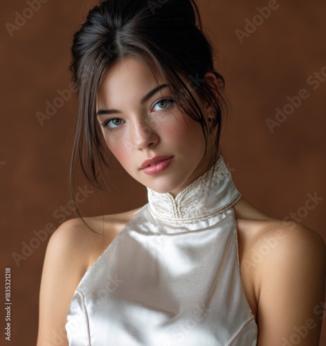 beautiful female model, photograph. she has exquisite features, glowing white skin, fair and flawless complexion