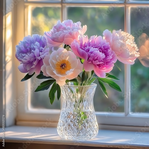 Wallpaper Mural Colorful peonies in crystal vase by window in soft morning light    high resolution   for isolate image Torontodigital.ca