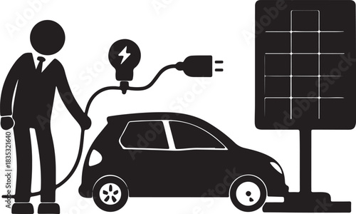 Person charging an electric car beside solar panels, black silhouette vector image