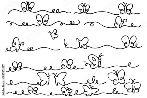 蝶の手描きライン装飾セット｜ペン画・アンダーライン素材