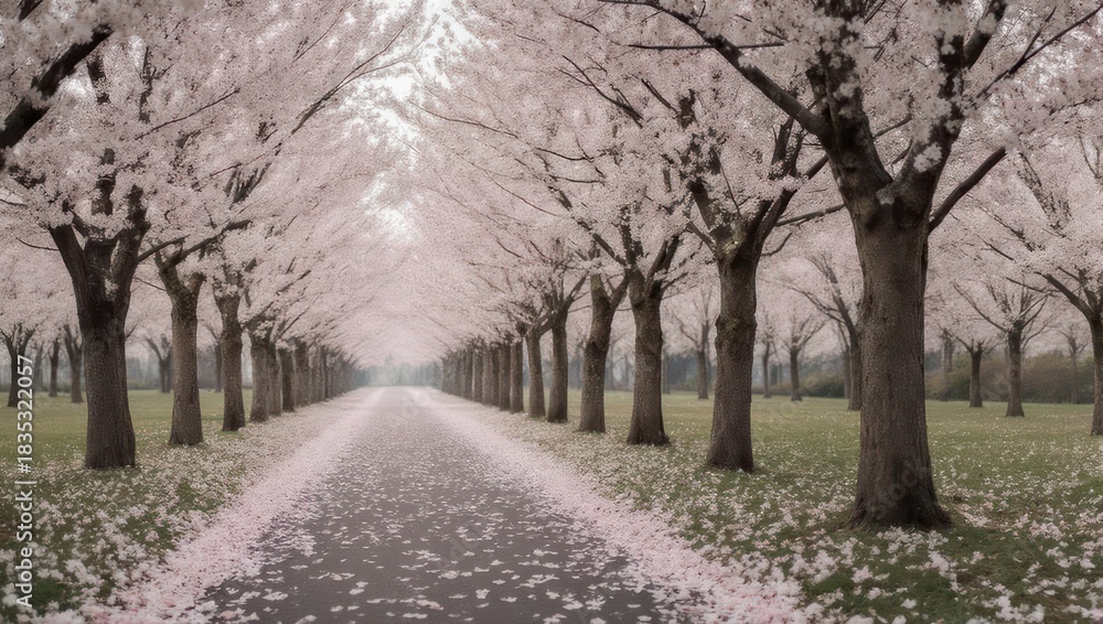 Naklejka premium A long, straight path is lined with cherry blossom trees in full bloom, creating a tunnel