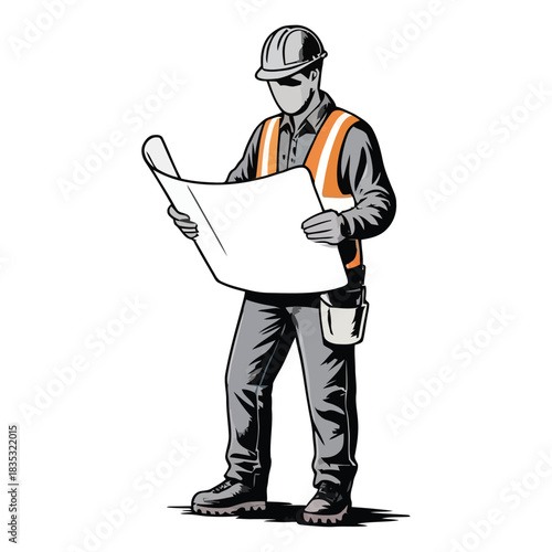 Architect and construction worker standing with blueprint and clipboard at a construction site