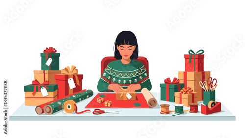 Woman Wrapping Christmas Gifts and Presents on Table with Supplies Illustration