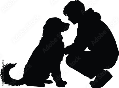 Silhouette of person and dog bonding moment, pet care interaction, emotional connection, friendship, loyalty, animal companion, black vector art