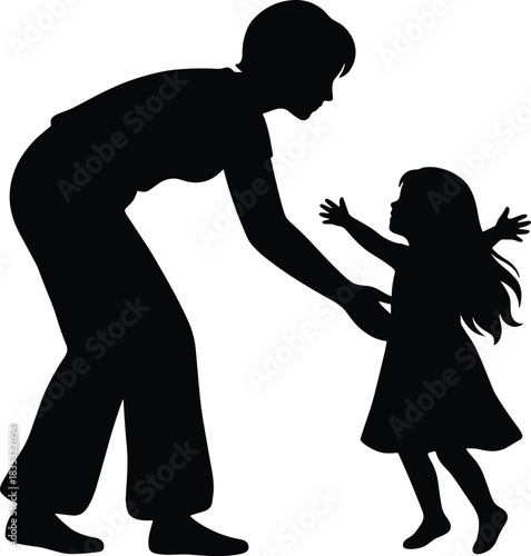 Silhouette of parent and child embracing moment, emotional family bond, love, care, connection, black vector art for stock illustration