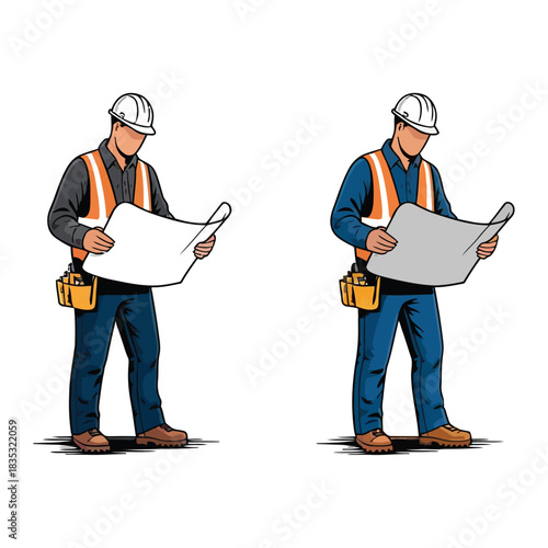 Architect and construction worker standing with blueprint and clipboard at a construction site