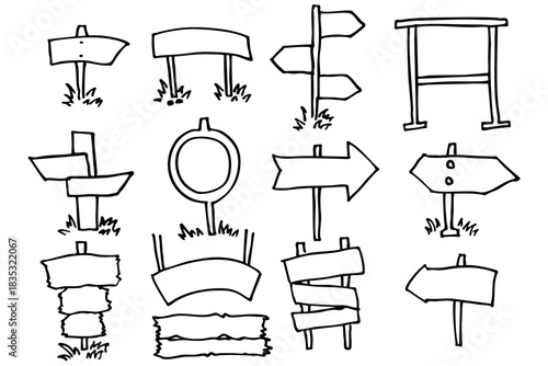 木の案内板と矢印看板の線画セット｜手描きラインアート素材
