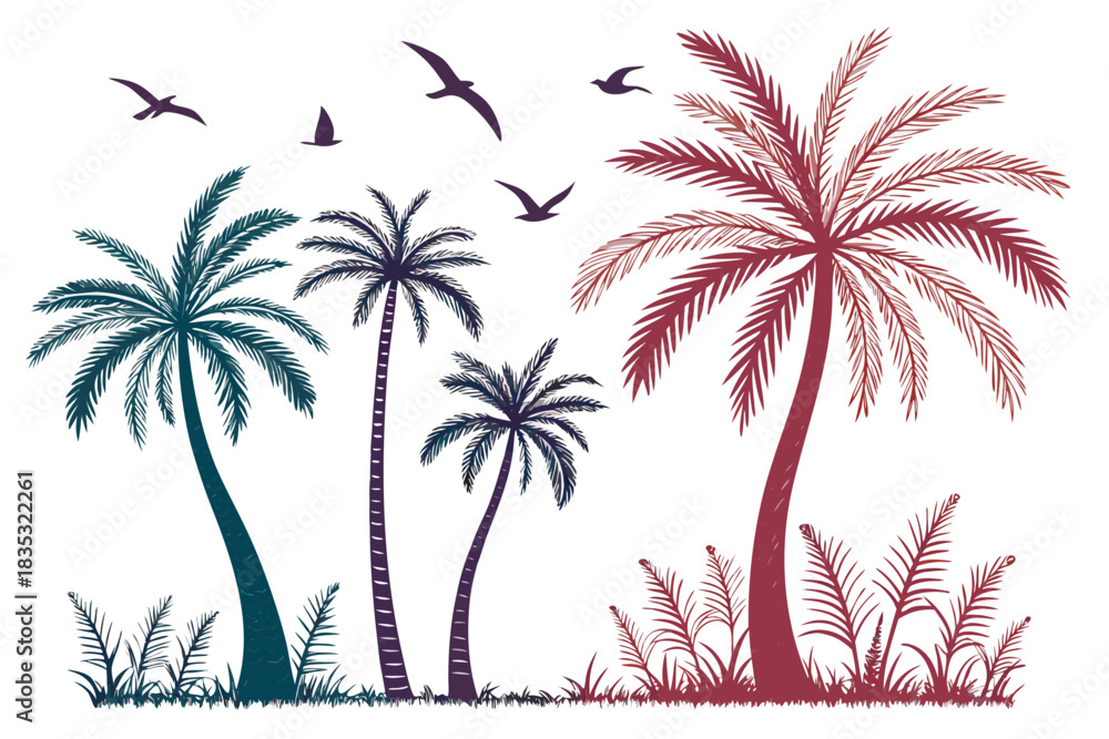 Naklejka premium Tropical palm trees and birds silhouette vector illustration isolated on white background