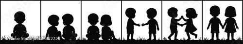 Silhouette children friendship evolution from loneliness to bonding, emotional connection, social growth, playful interaction, companionship, relationship development vector illustration
