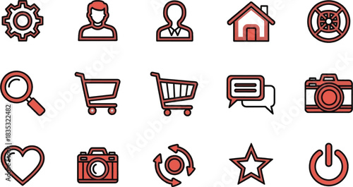 Collection of vector icons featuring a gear user profile home shopping cart camera heart star and power symbol for website and app design user interface elements