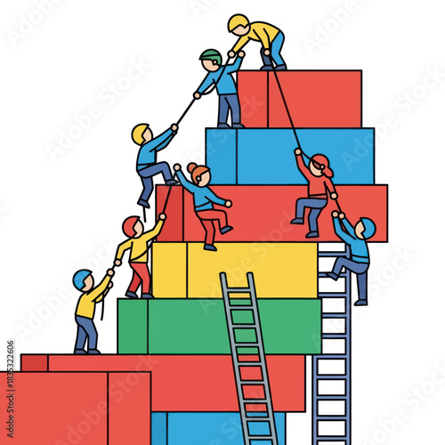 Diverse team of people collaborating to climb a stack of colorful blocks, symbolizing teamwork and progress.