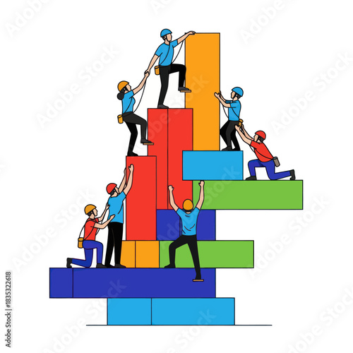 Team of builders working together to construct a colorful block chart.