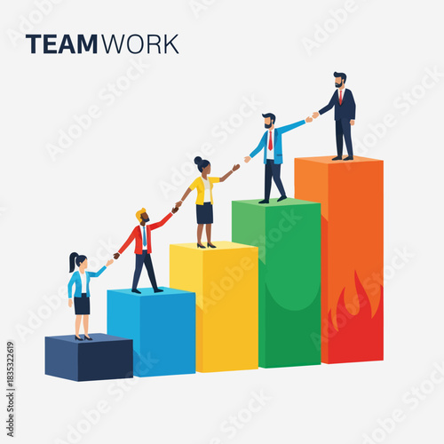 Teamwork and collaboration concept with people helping each other to climb the success ladder.