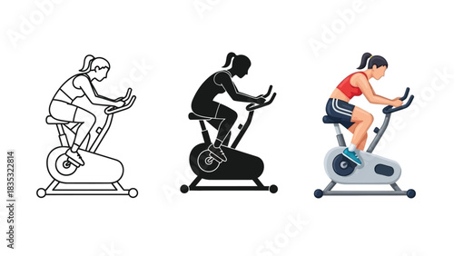 Set of three illustrations showing a woman exercising a stationary exercise bike in outline, silhouette and full color style