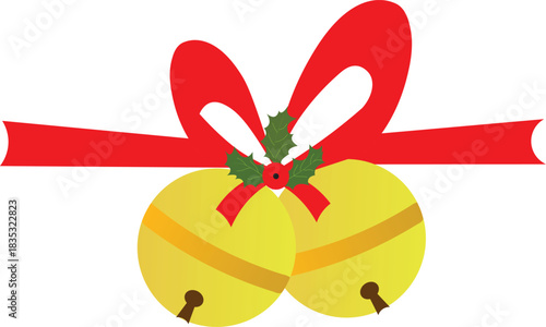 Two yellow jingle bells tied with a red ribbon and holly