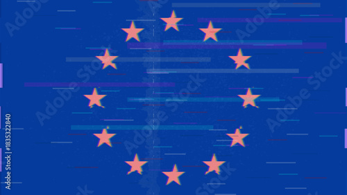 European Union Glitch Flag Vector - RGB Split Digital Video Frame Illustration