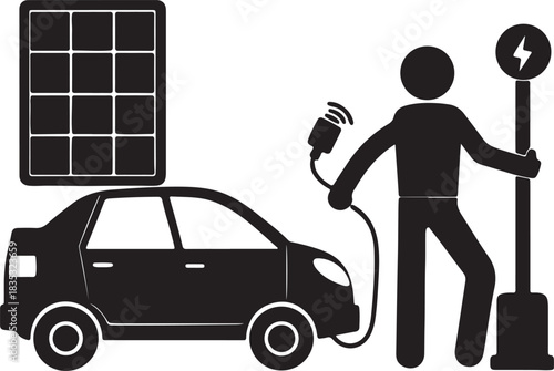 Person charging an electric car beside solar panels, black silhouette vector image