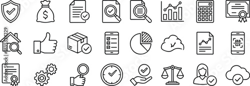 Business and finance line icon set featuring analytics, verification, security, reports, delivery tracking, cloud data, and professional management symbols for modern workflows