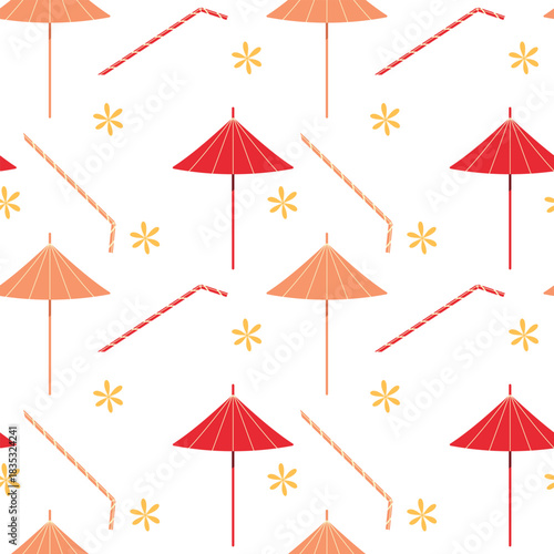 Seamless Pattern of Straws and Umbrellas Cocktails decor Minimalist Flat Design Summertime Backdrop. Isolated Vector illustration Cocktails Themed or Barman Day Backdrop Poster Banner, leaflets, print