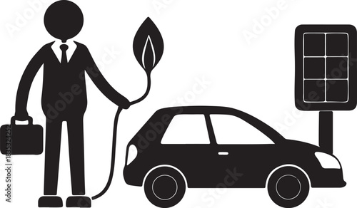 Person charging an electric car beside solar panels, black silhouette vector image