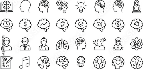 Comprehensive line art icon set illustrating mental health, creativity, mindfulness, cognitive skills, emotional intelligence, and human development themes for educational and 