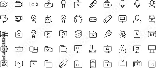 Comprehensive line art media icon set featuring cameras, microphones, video tools, editing symbols, and digital content elements for modern creative and multimedia design projects