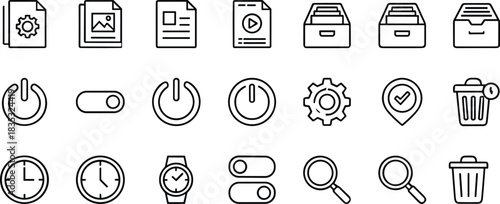 Minimal line icon set featuring documents, folders, power buttons, clocks, settings, search tools, and trash bins for modern digital interfaces and apps